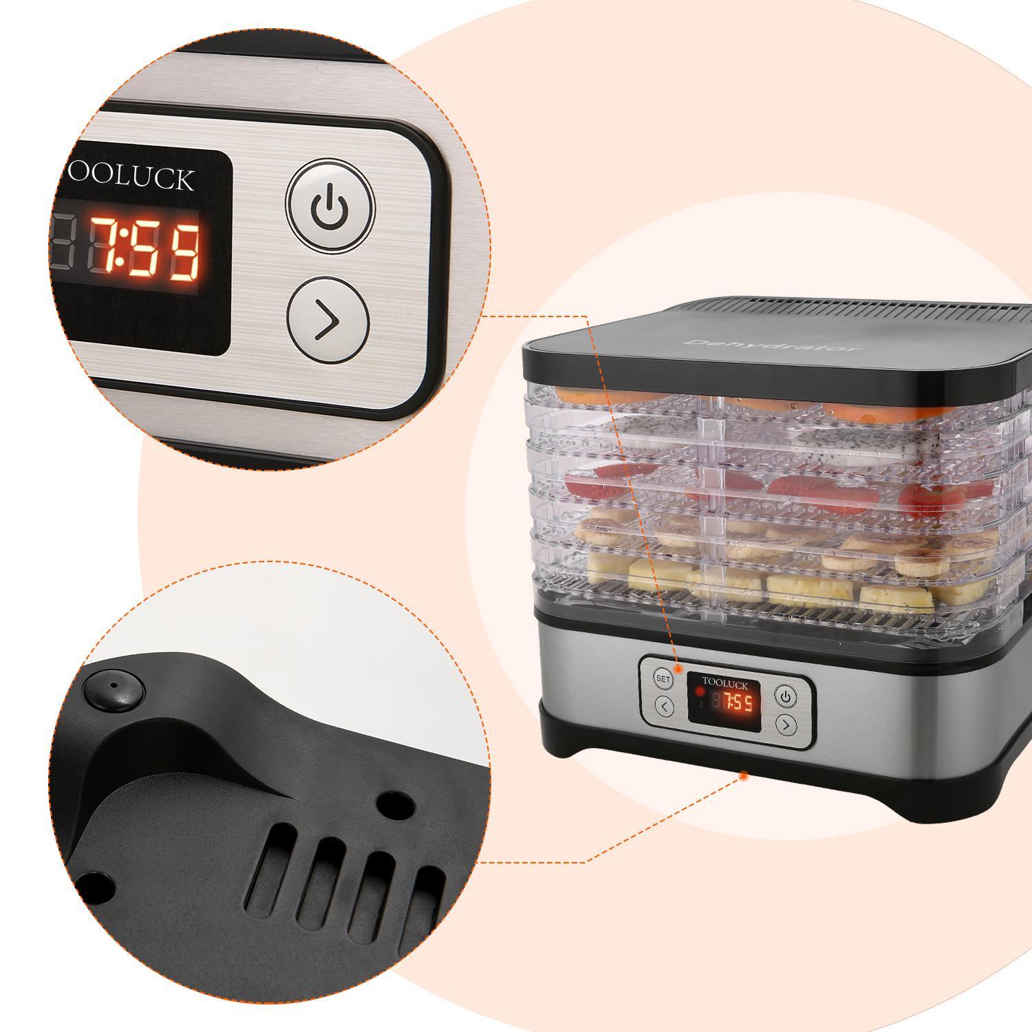 Déshydrateur Alimentaire 250W avec Thermostat Réglable, Déshydrateur de Fruits 5 Plateaux, écran à LED, INOX Gris